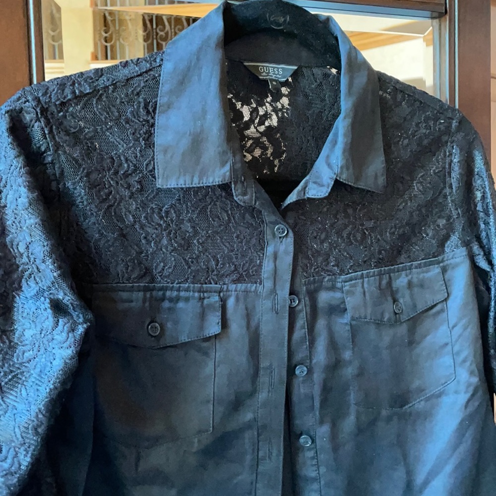 GUESS button down lace & silk shirt